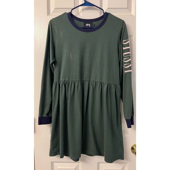 Stussy Long Sleeve Crew Neck Hunter Green Skater Girl Dress Size Small - Picture 1 of 11